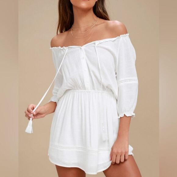 Lulus Zappa Off the Shoulder 3/4 Sleeve Sheer Bohemian Mini Dress, Small, White - Picture 1 of 10